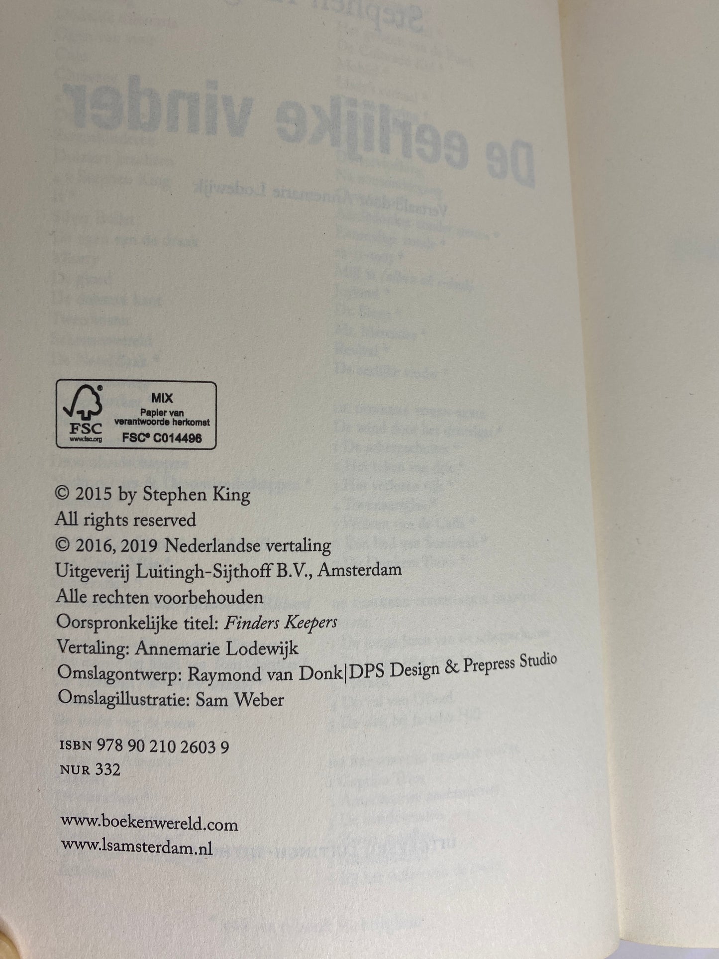 De Eerlijke Vinder van Stephen King, boek 2 in de Bill Hodges trilogie, ISBN: 9789021026039, infopagina