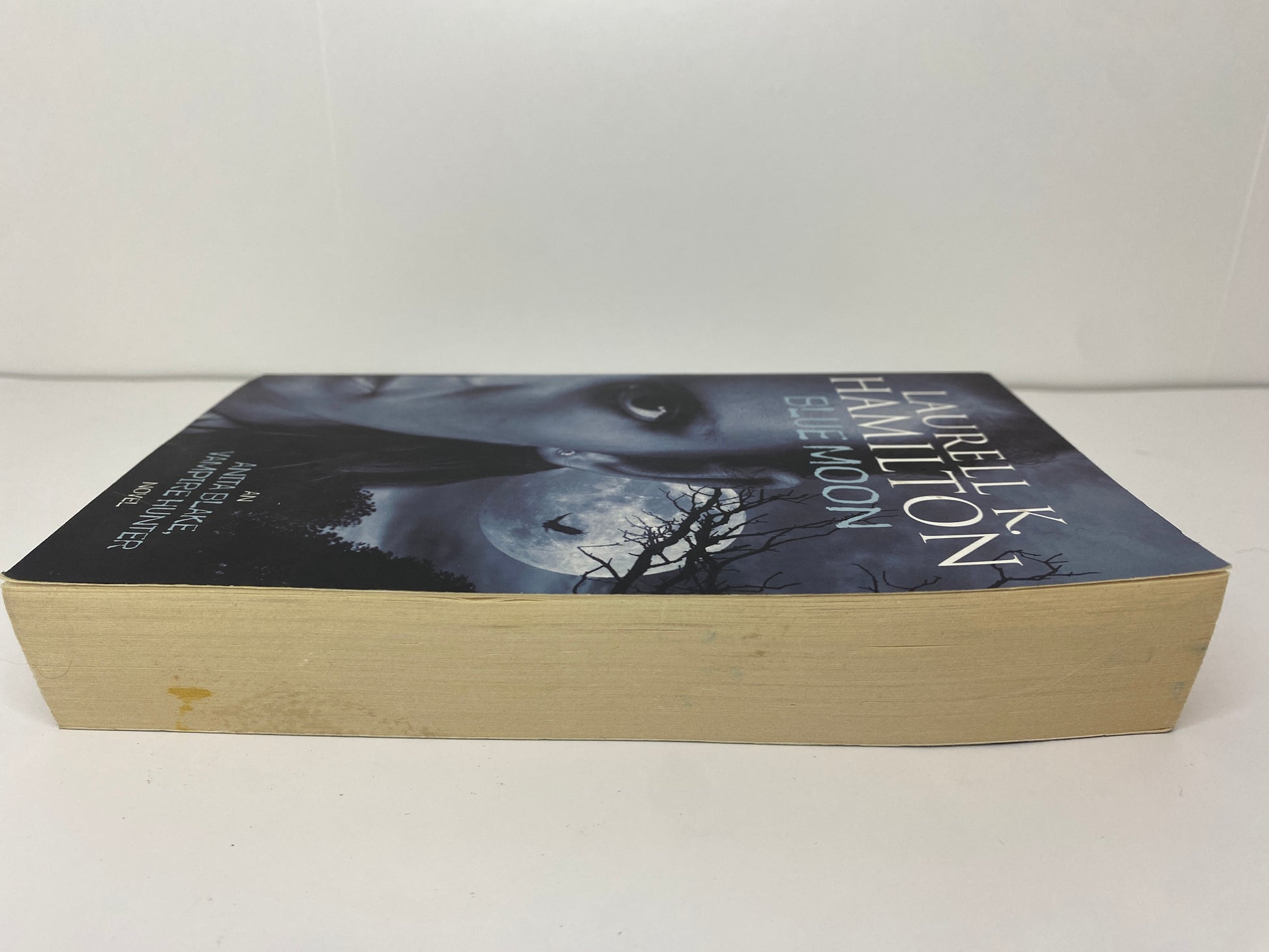 Blue Moon by Laurell K. Hamilton, book 8 in the Anita Blake Vamire Hunter series ISBN: 9781841490533, zijkant