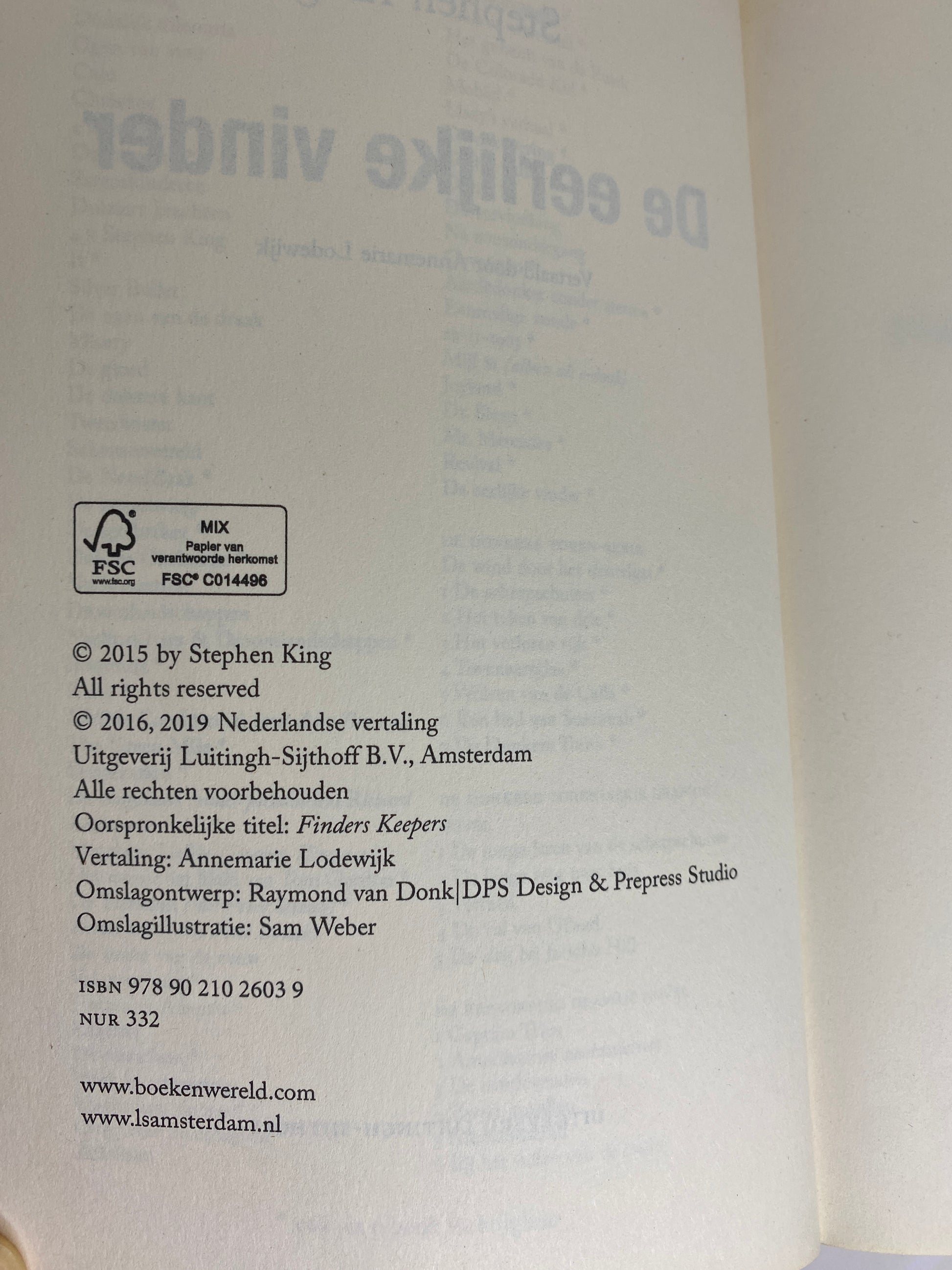 De Eerlijke Vinder van Stephen King, boek 2 in de Bill Hodges trilogie, ISBN: 9789021026039, infopagina