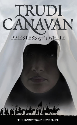 Priestess of the White by Trudi Canavan, book cover, women with white veil, on the bottom an army of foot soldiers and knights, cover is mostly black and white.