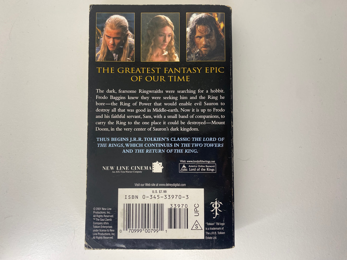 The Fellowship of the Ring, Film-tie, book one in the Lord of the Rings trilogy by J.R.R. Tolkien, ISNB: 0345339703, back