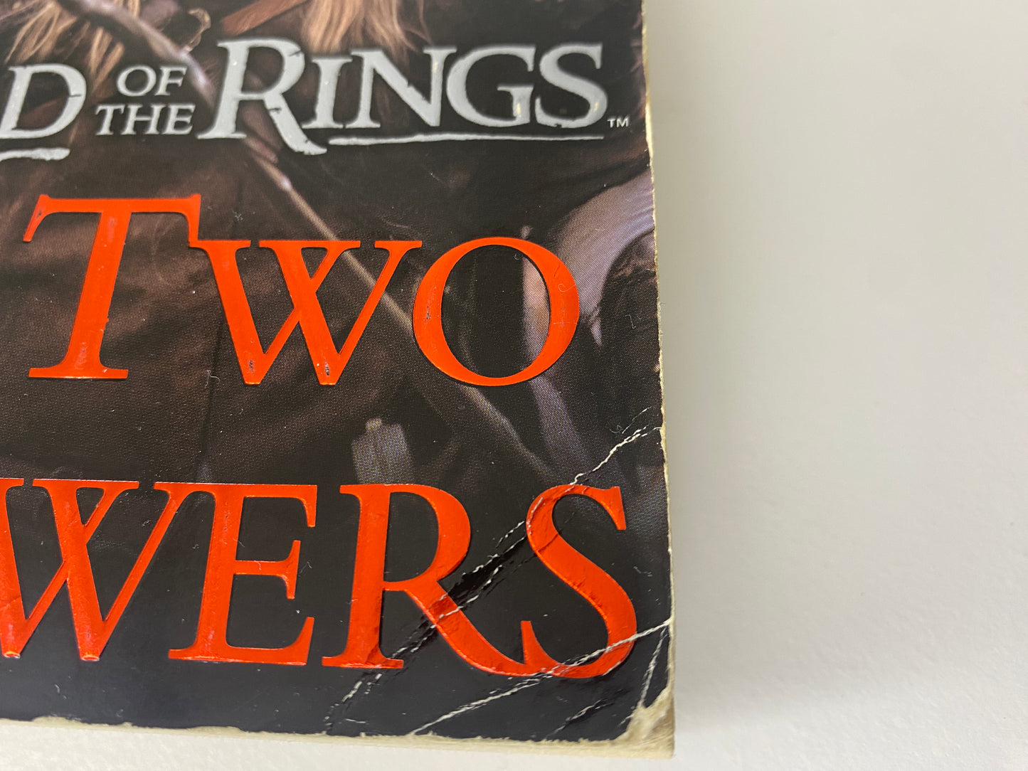 The Two Towers, book 2 in the Lord of the Rings trilogy by J.R.R. Tolkien, ISBN: 0345339711, damage close up