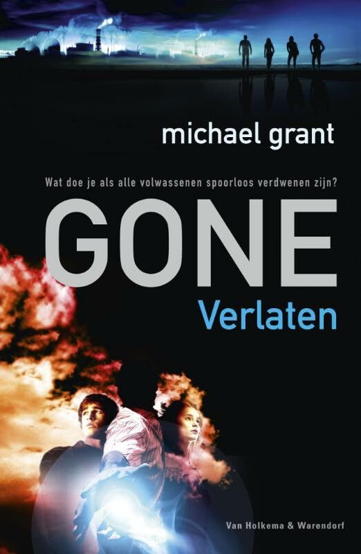 Verlaten, boek 1 in de Gone serie van Michael Grant, grotendeels zwarte boekomslag met een meisje en jongen in de linker hoek, in het midden van hen een lichaam zonder hoofd.