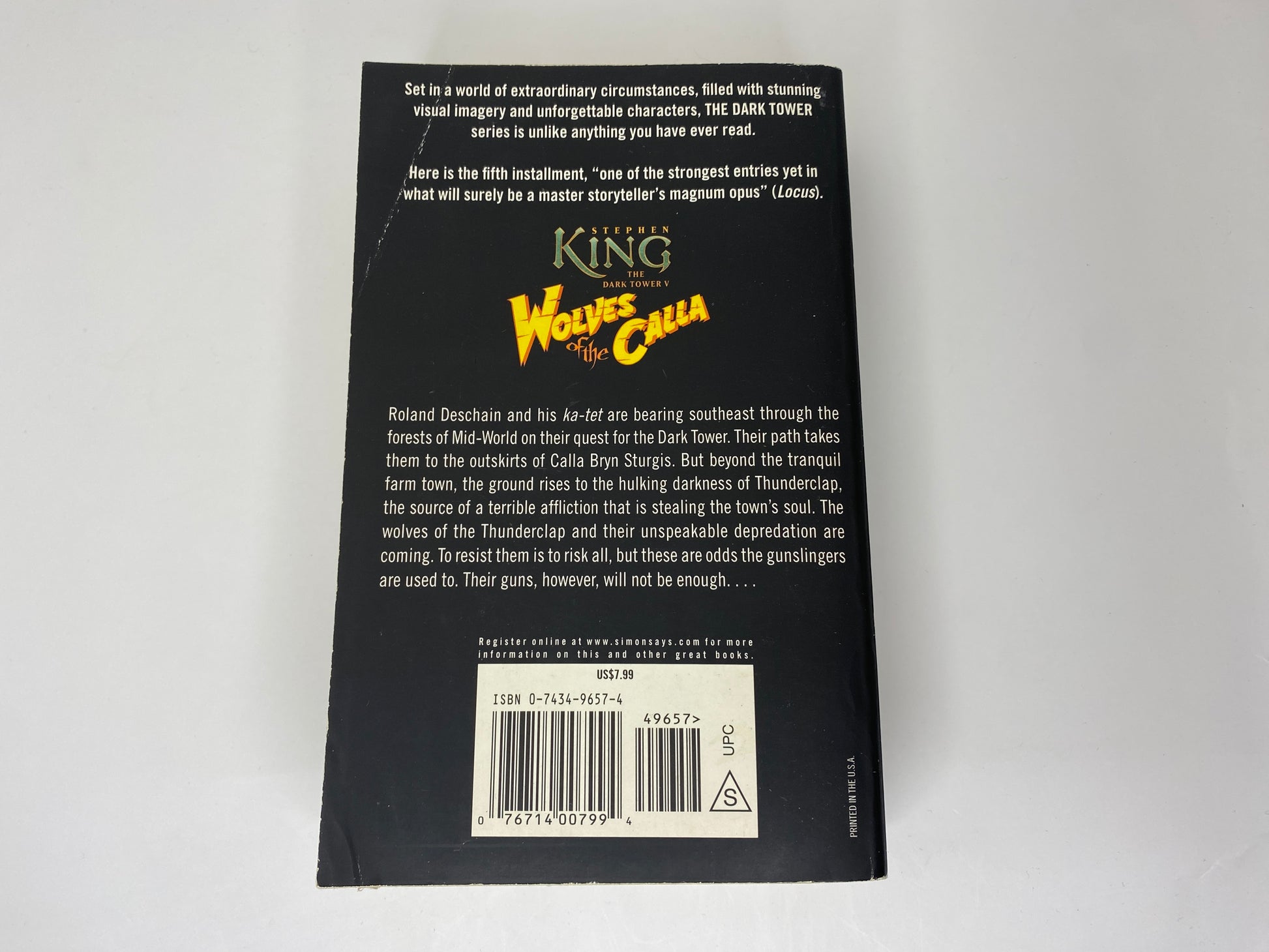 Wolves of the Calla by Stephen King, book 5 in the dark tower, ISBN: 9780743496575  back